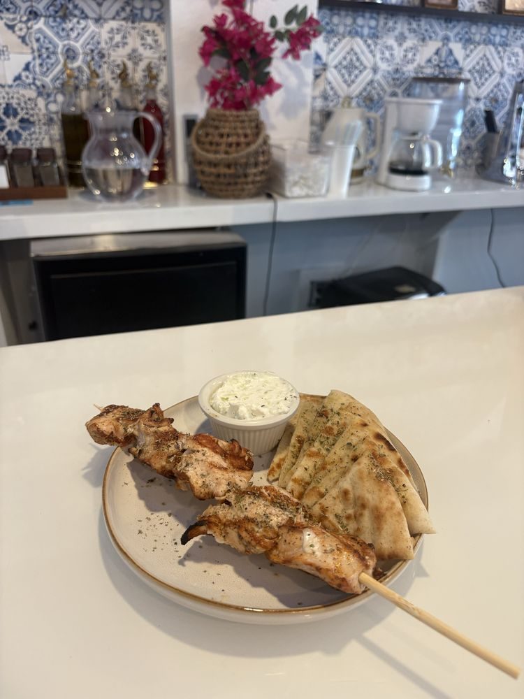 Chicken souvlaki skewers with grilled pita and house tzatziki at Ellada Mediterranean Grill
