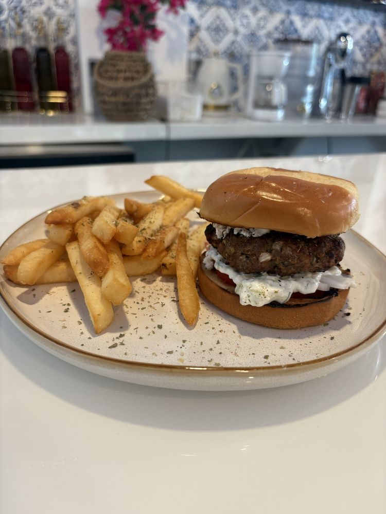 Greek bifteki burger with tzatziki and seasoned fries at Ellada Mediterranean Grill