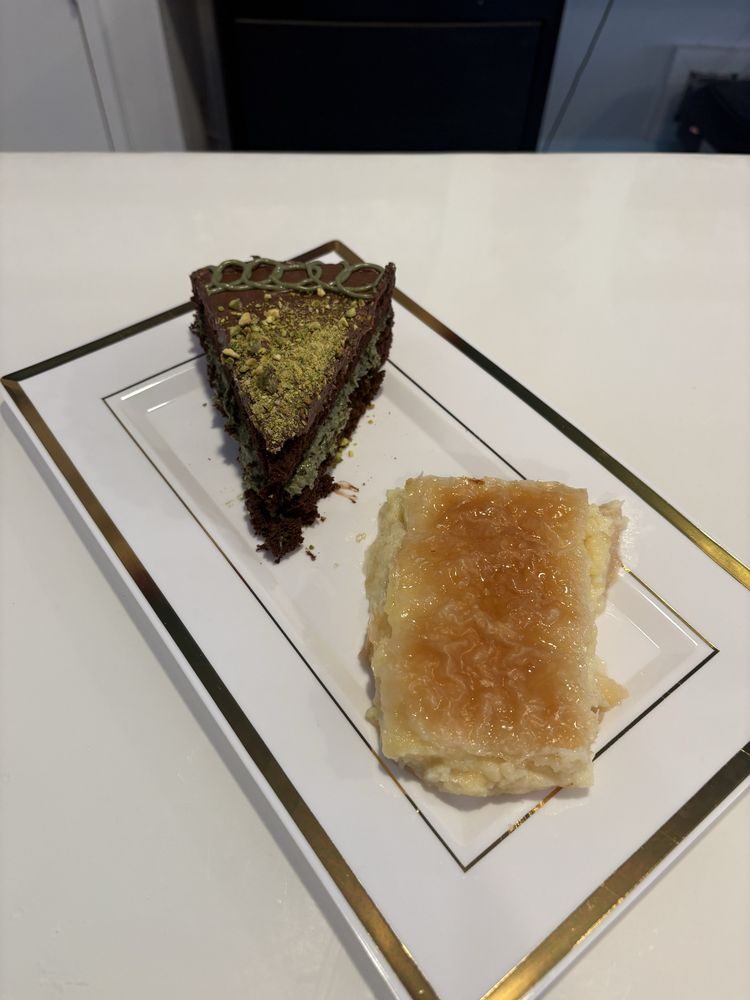 Pistachio chocolate cake and honey-glazed custard pastry at Ellada Mediterranean Grill